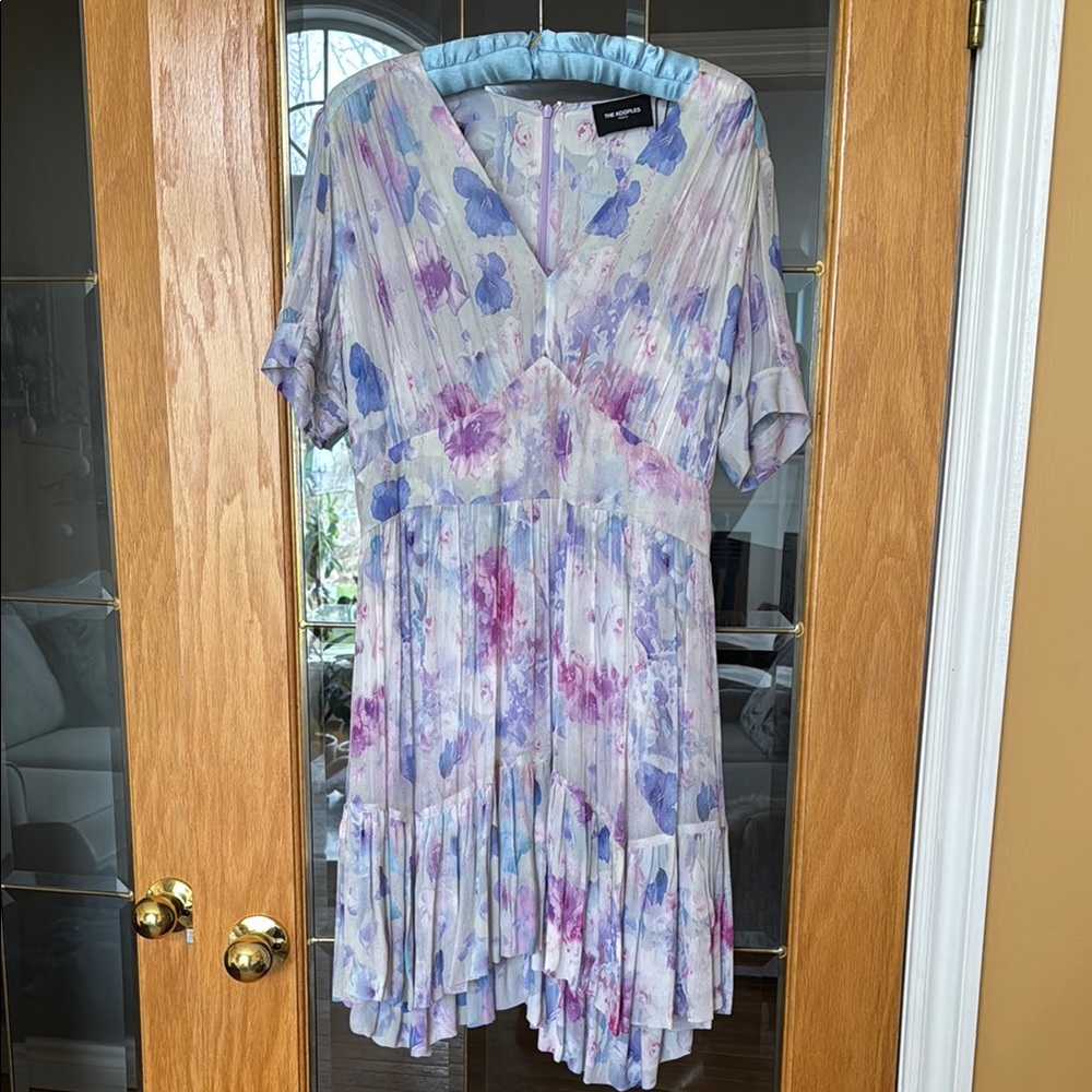 Floral Pleated V-Neck Women's Dress in Lavender and Pink